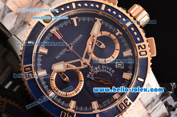 Ulysse Nardin Maxi Marine Diver Chrono Japanese Miyota OS20 Quartz Two Tone Case with Two Tone Strap and Blue Dial - Click Image to Close